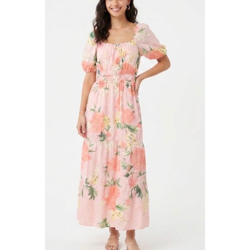 Vineyard Vines Pink Floral Cotton Silk Maxi Dress Puff Sleeve Pockets XS